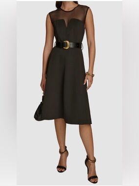 NWT Donna Karan Black Illusion-Trim Round Neck Belted Dress Size 8